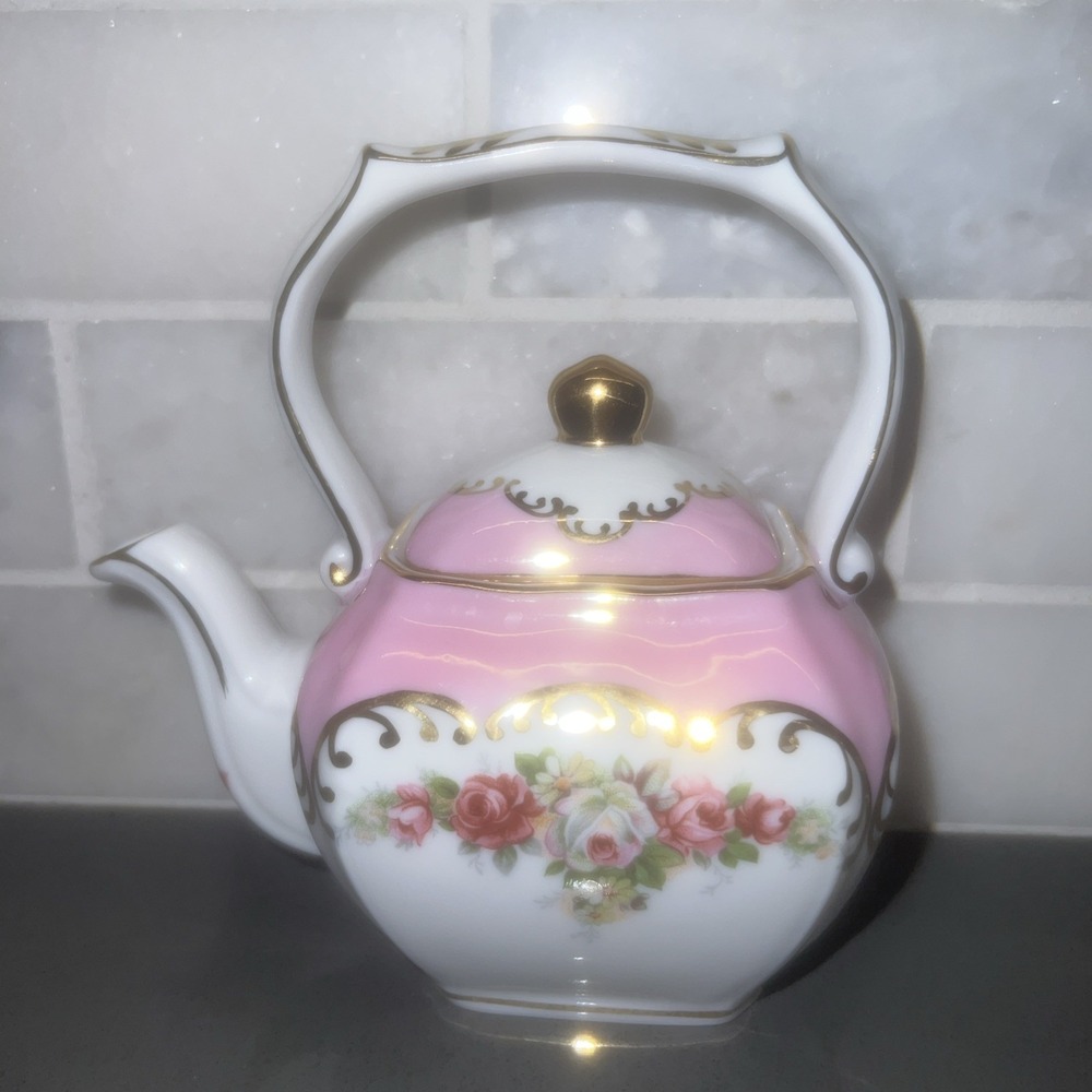 Vintage Chinese Pink White Floral Teapot with Gold Accents